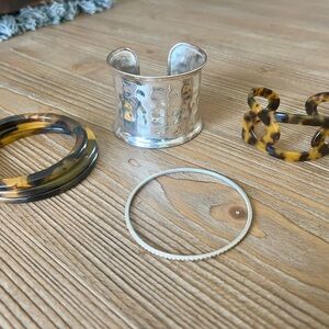 Vintage Silver Hammered Cuff & Tortoise Shell Bangle Bracelet Bundle - 5 Pc Set